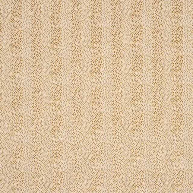 Close-up of pale gold dotted fabric with a small repeat on an ivory ground