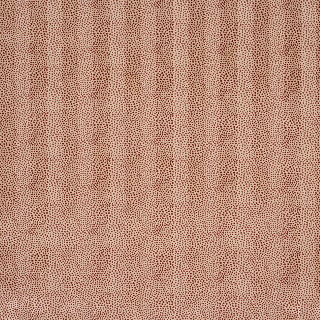 Close-up of tiny tomato-red damask pattern on a pale beige fabric ground