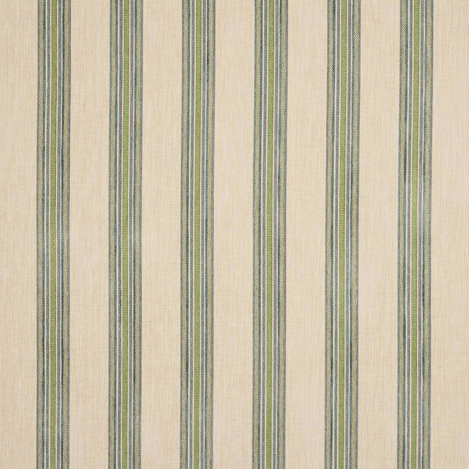 Vertical sage green and blue-grey stripe fabric on a creamy ground