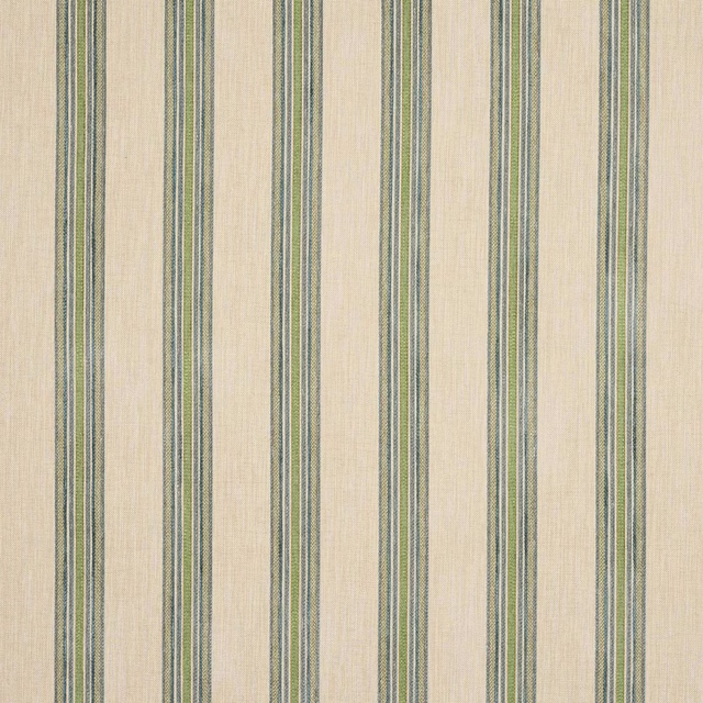 Vertical sage green and blue-grey stripe fabric on a creamy ground