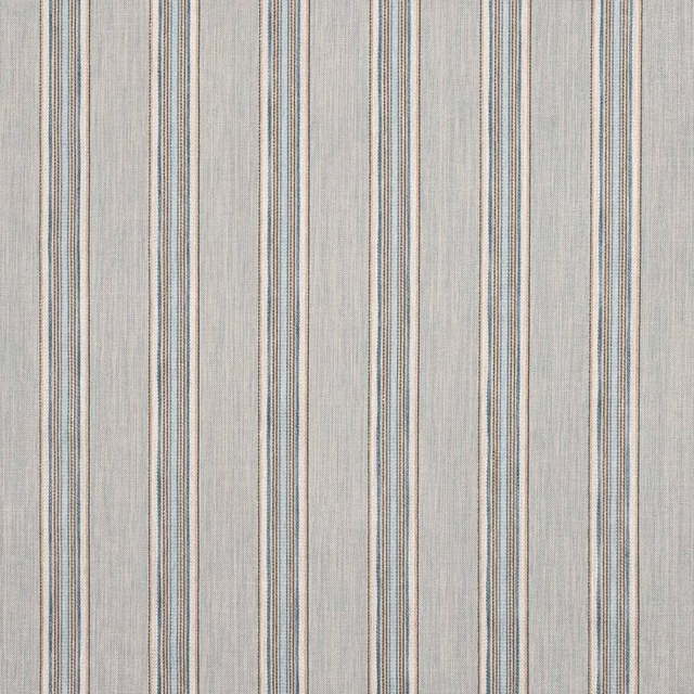 Pale blue and neutral vertical stripe fabric swatch with fine woven texture