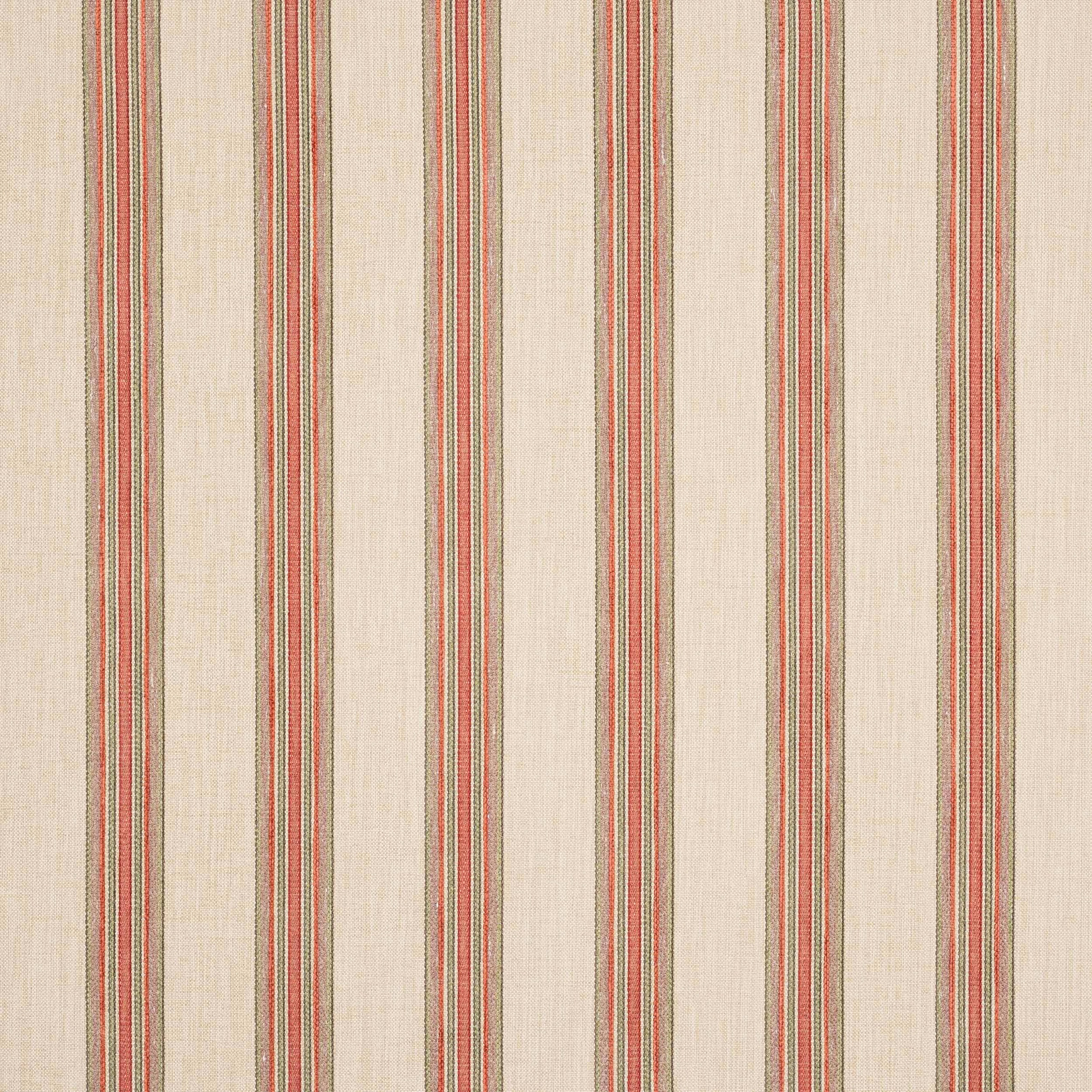 Vertical red and green stripe on a warm ivory woven fabric swatch
