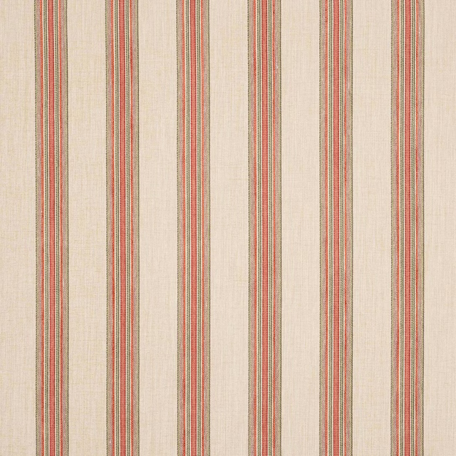 Vertical red and green stripe on a warm ivory woven fabric swatch