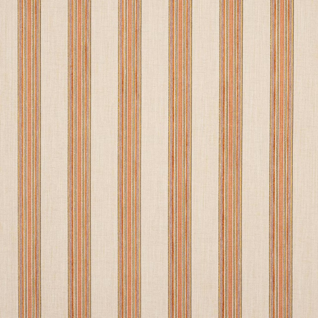 Cream woven fabric with narrow tomato red, coral and gold vertical stripes