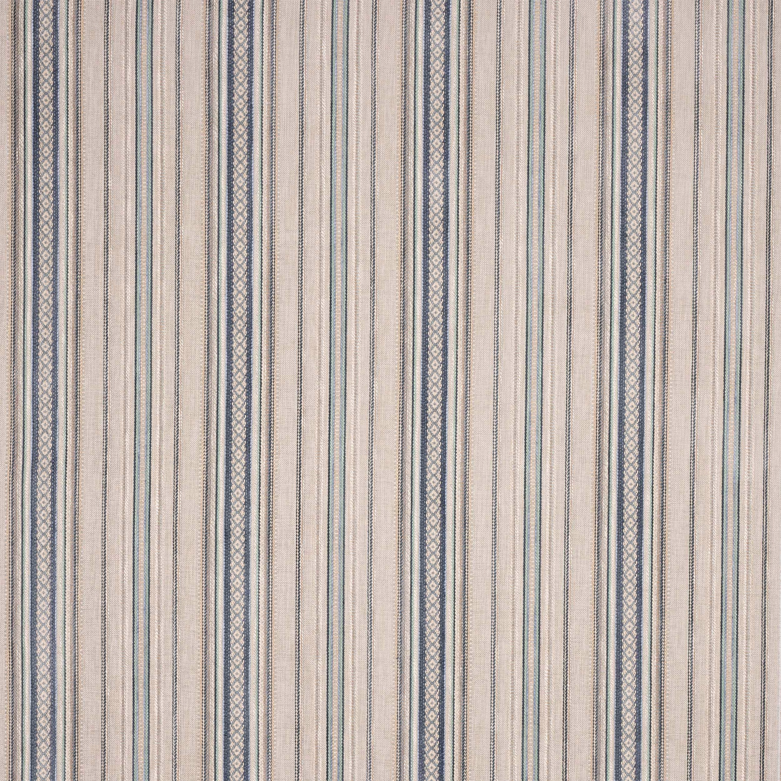 Pale striped fabric with narrow blue bands and decorative vertical border stripes