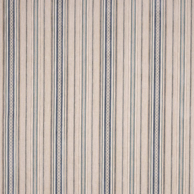 Pale striped fabric with narrow blue bands and decorative vertical border stripes