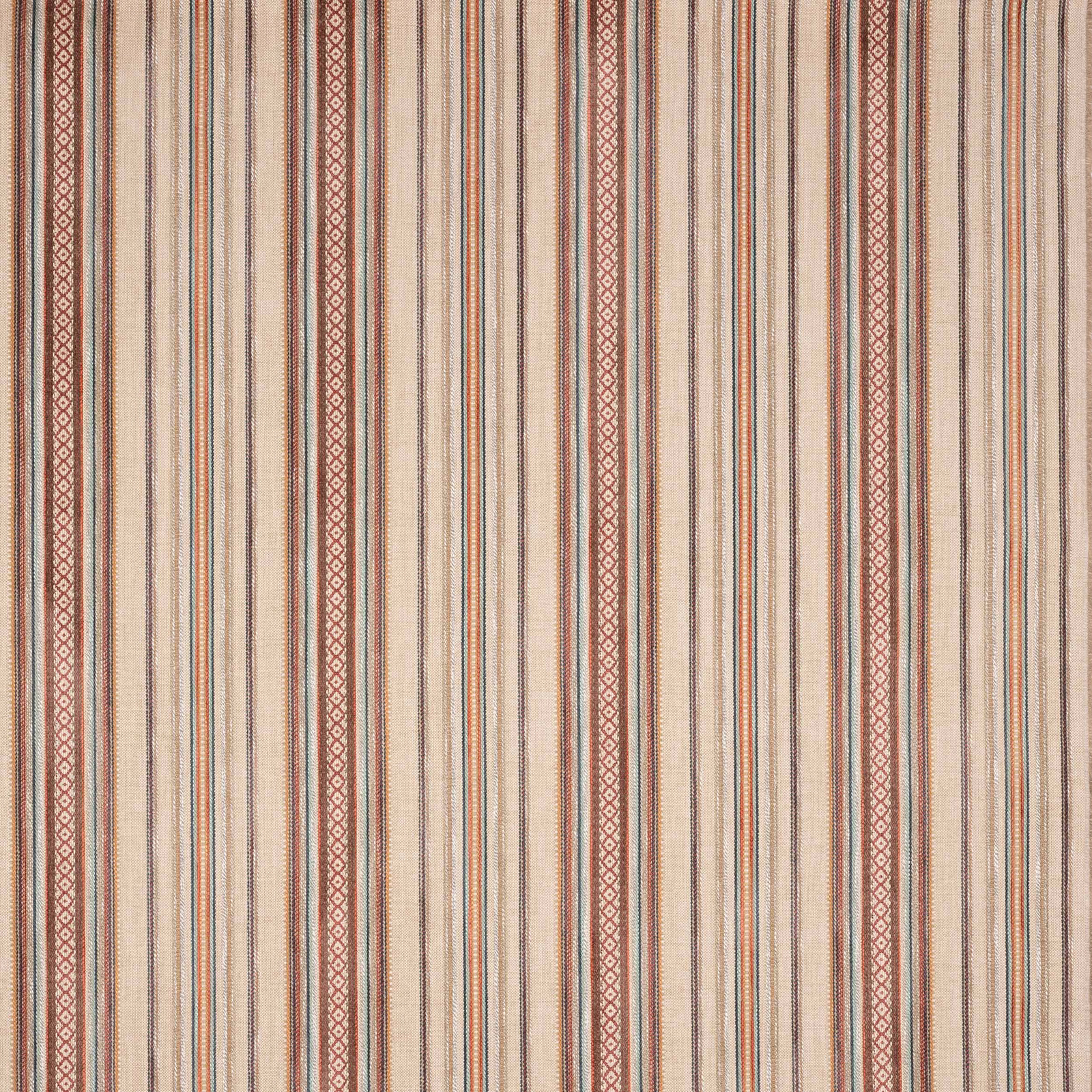 Vertical multicolour stripe fabric with warm ivory ground and terracotta accents