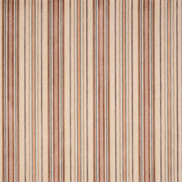 Vertical multicolour stripe fabric with warm ivory ground and terracotta accents