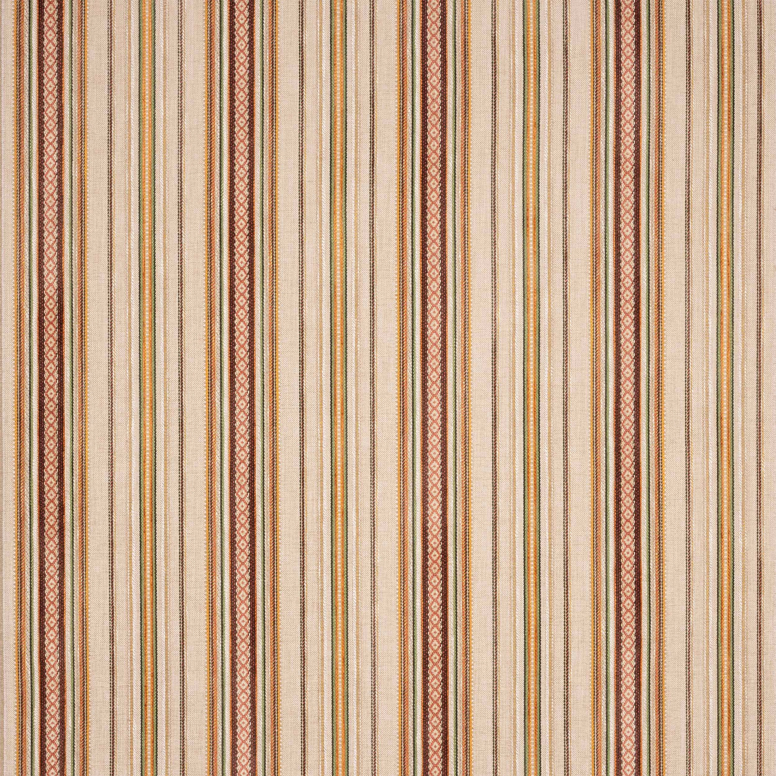 Vertical terracotta, cream and olive striped woven fabric with fine textured detail
