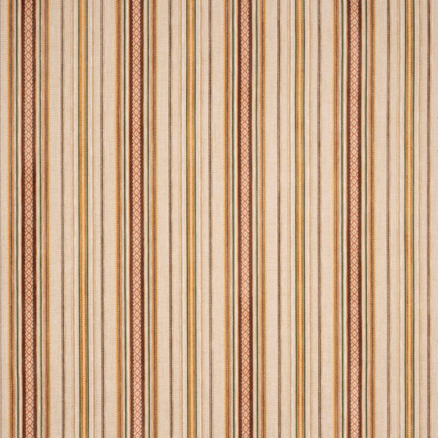 Vertical terracotta, cream and olive striped woven fabric with fine textured detail