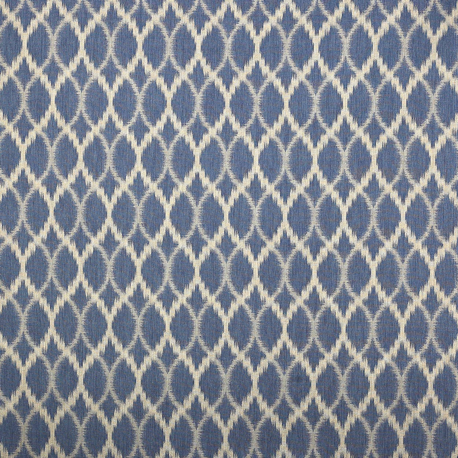 Blue and ivory small geometric lattice fabric swatch with textured weave