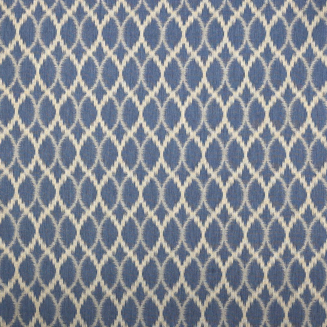 Blue and ivory small geometric lattice fabric swatch with textured weave