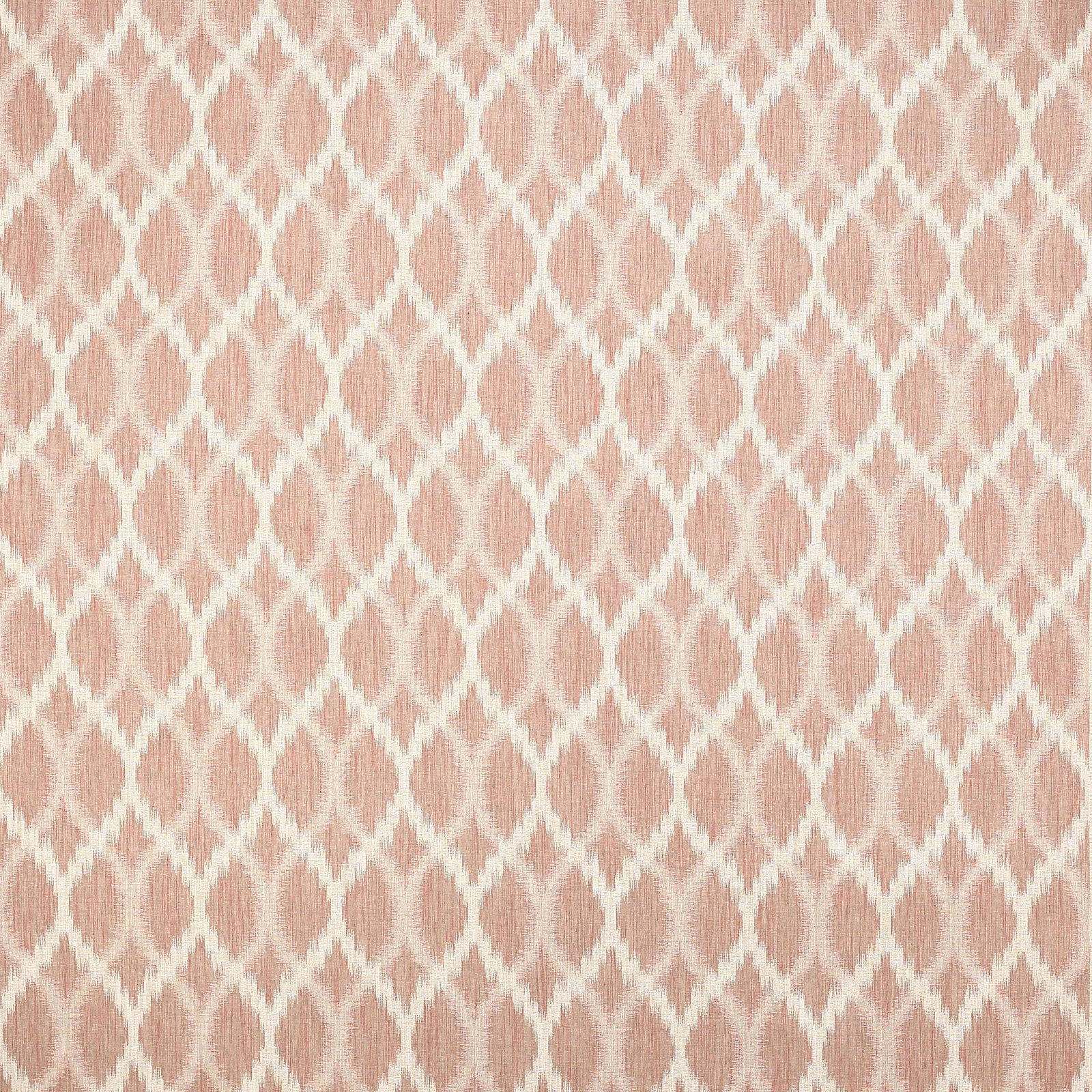 Soft blush pink geometric fabric with ivory lattice diamonds on a textured weave