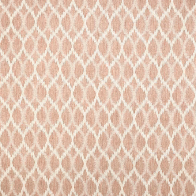 Soft blush pink geometric fabric with ivory lattice diamonds on a textured weave
