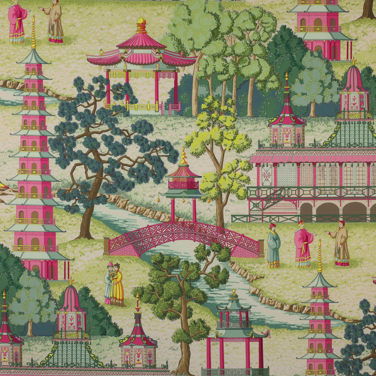 Chinoiserie scenic fabric with pink pagodas, bridges, trees and pale green ground