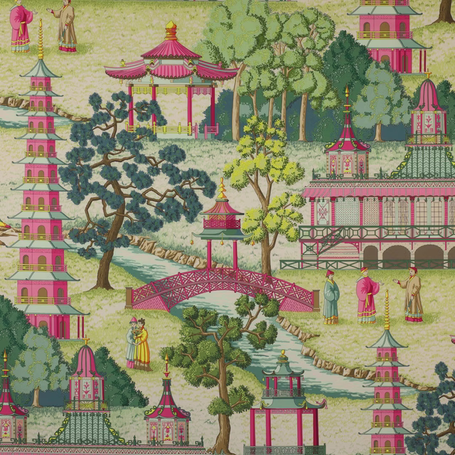 Chinoiserie scenic fabric with pink pagodas, bridges, trees and pale green ground