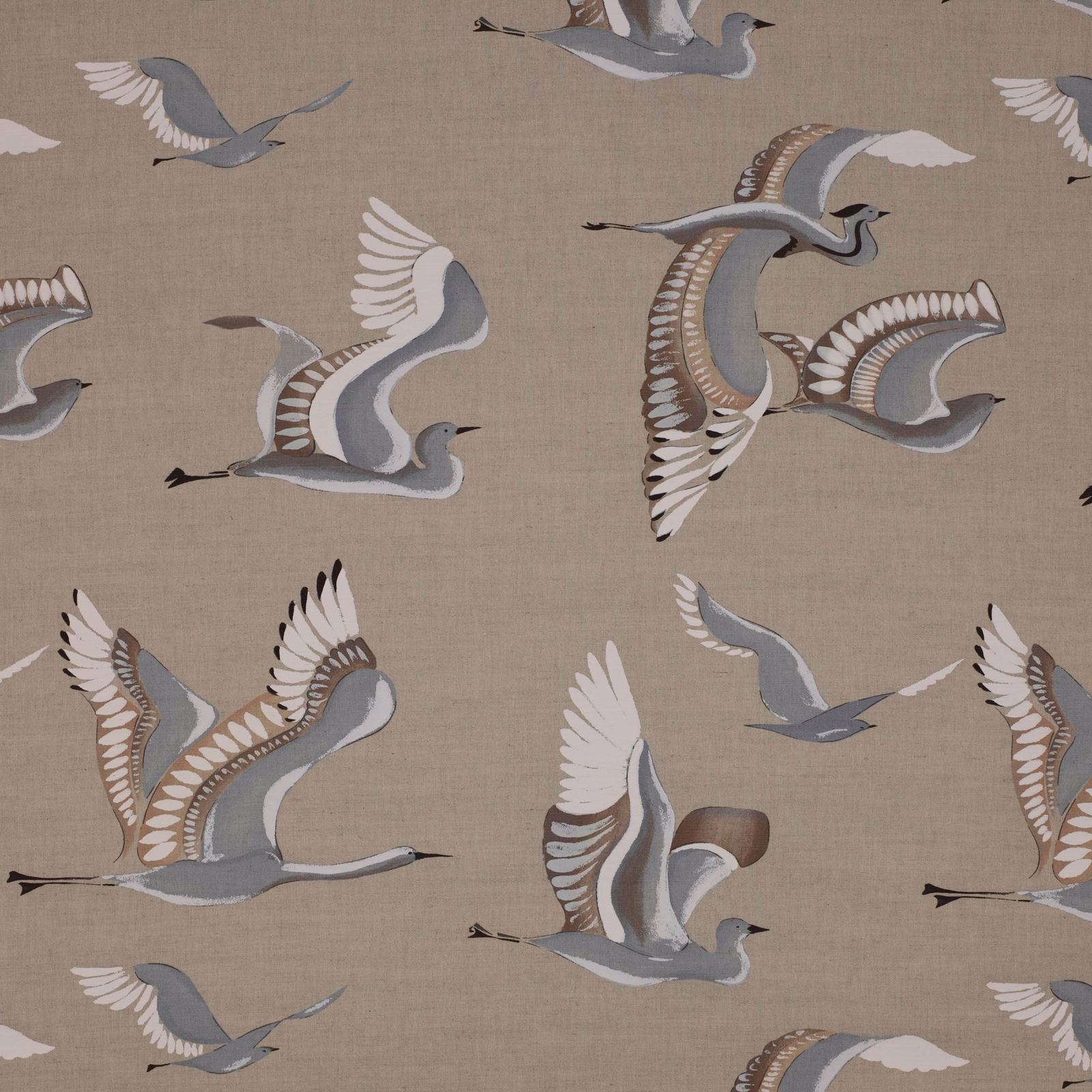 Beige linen-blend fabric with large flying bird motif in blue-grey, white and taupe