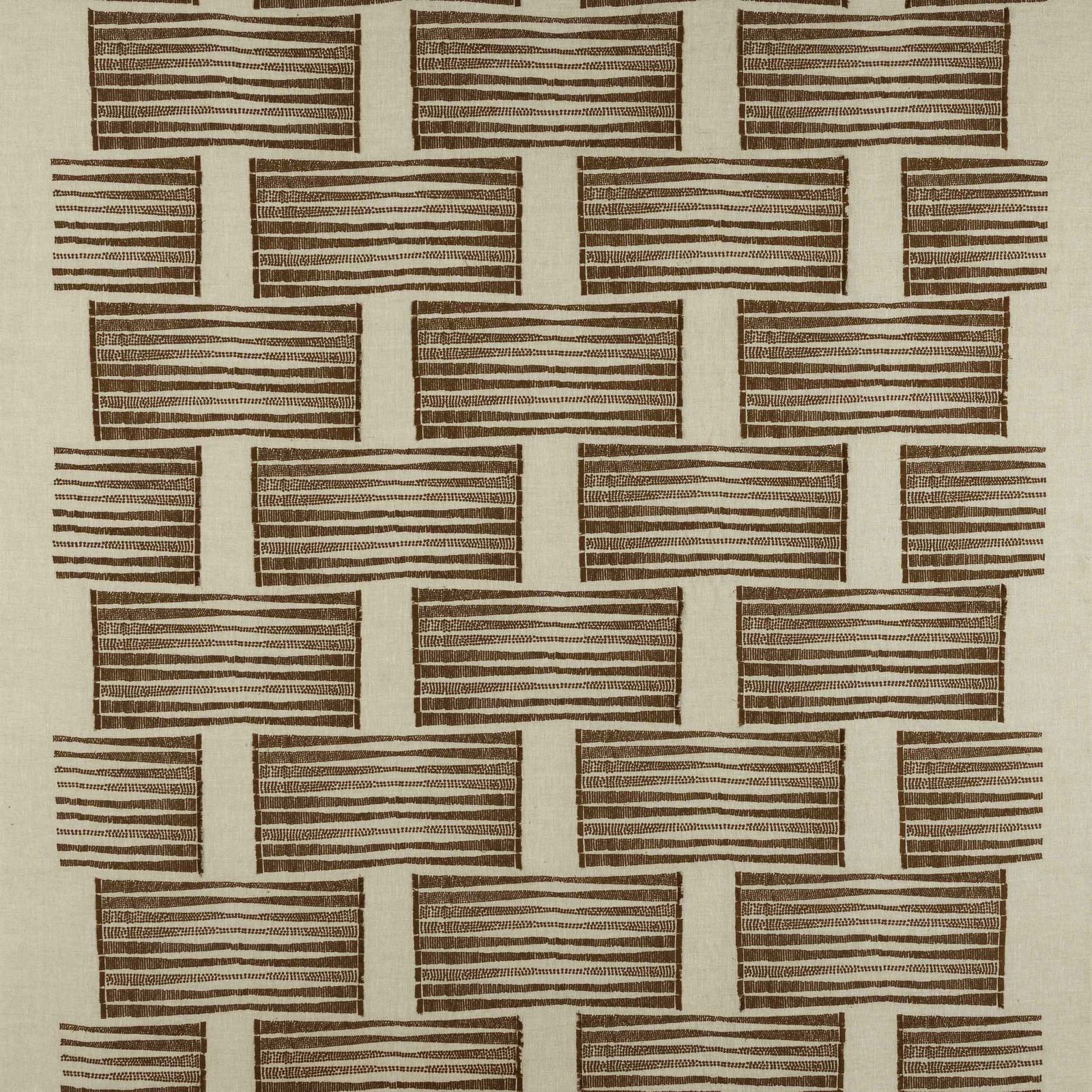 Cream fabric swatch with a copper-brown brick stripe geometric weave