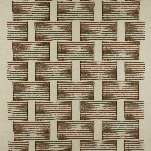Cream fabric swatch with a copper-brown brick stripe geometric weave