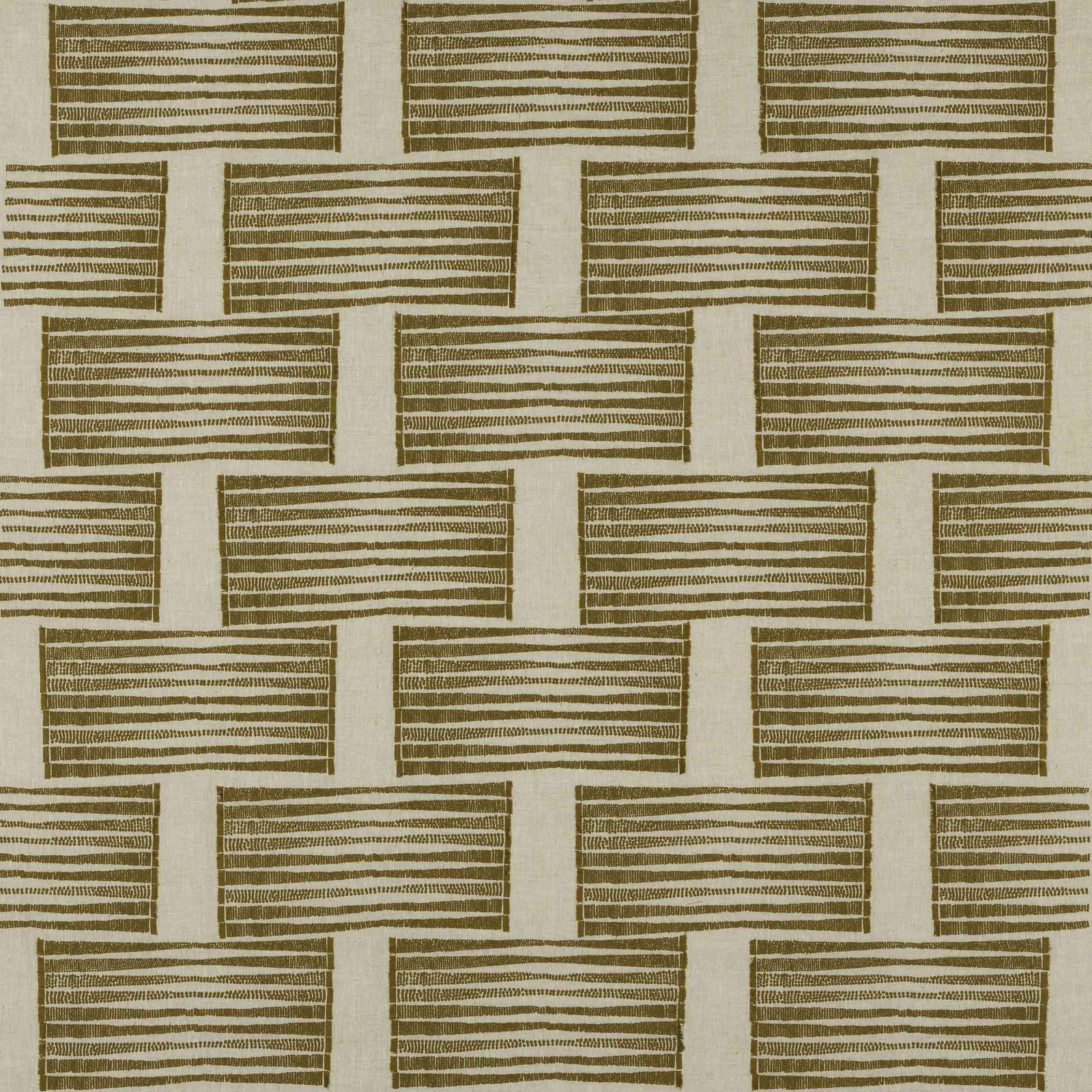 Warm curry-gold woven stripe fabric with staggered rectangular blocks on a pale ground