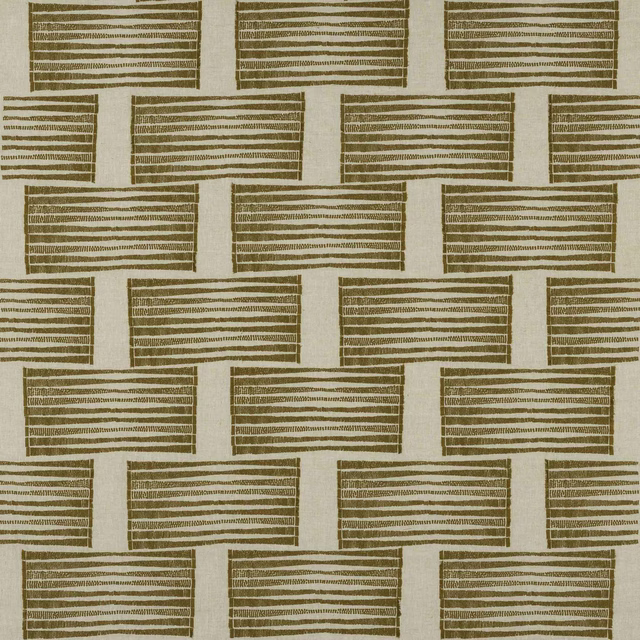 Warm curry-gold woven stripe fabric with staggered rectangular blocks on a pale ground