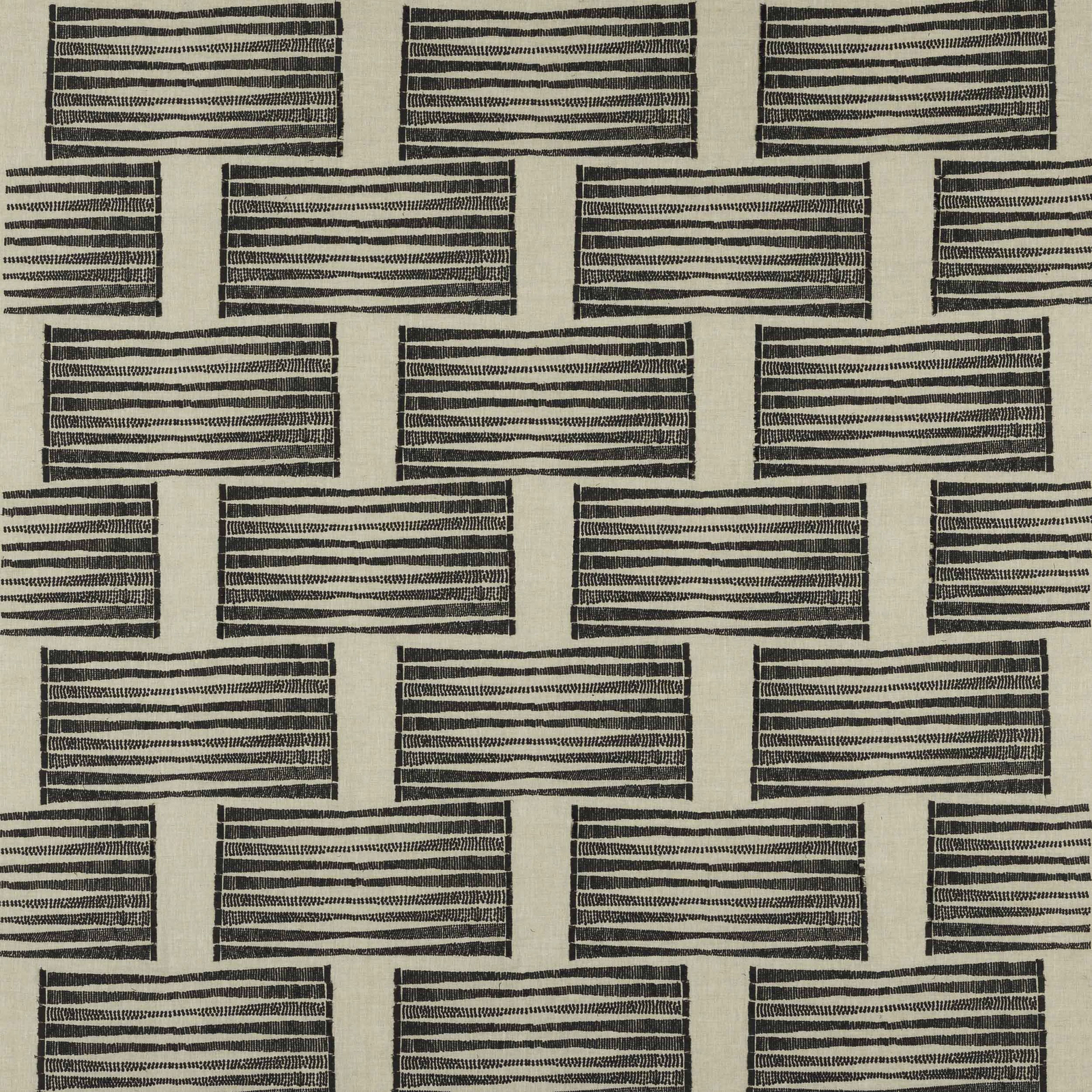 Ebony horizontal stripe fabric swatch on warm linen ground, brick-like pattern