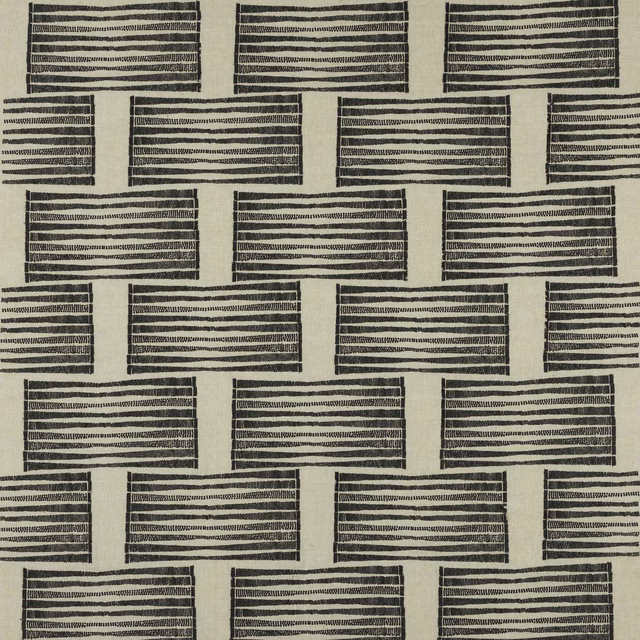 Ebony horizontal stripe fabric swatch on warm linen ground, brick-like pattern