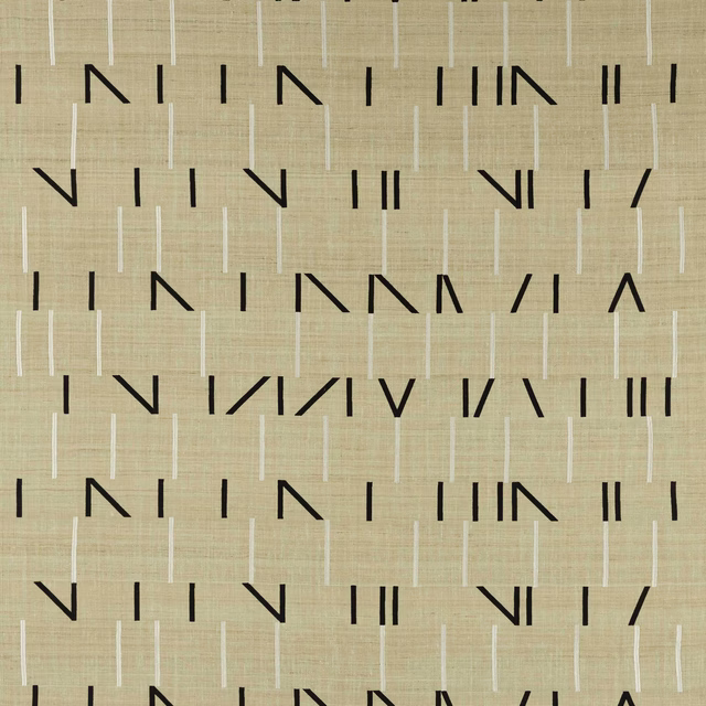 Beige geometric silk-blend fabric swatch with black linear motif
