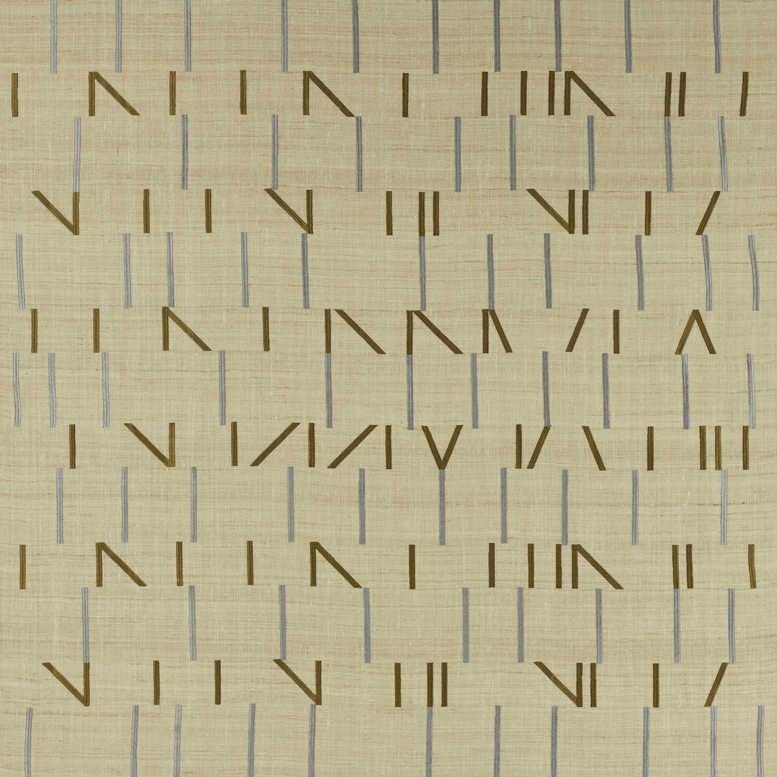 Beige geometric Larsen fabric with blue vertical lines and brown angular dashes