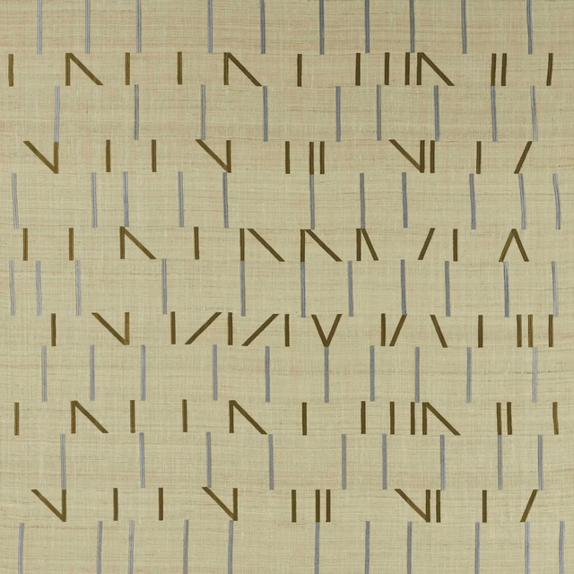 Beige geometric Larsen fabric with blue vertical lines and brown angular dashes