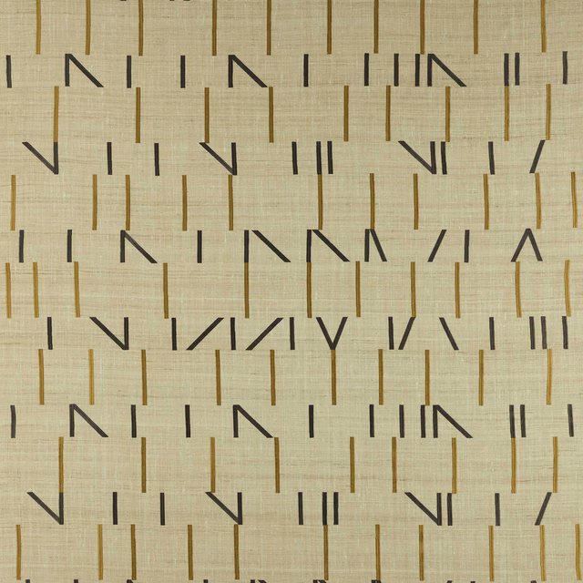 Parchment silk-blend fabric with ochre and charcoal geometric line motif