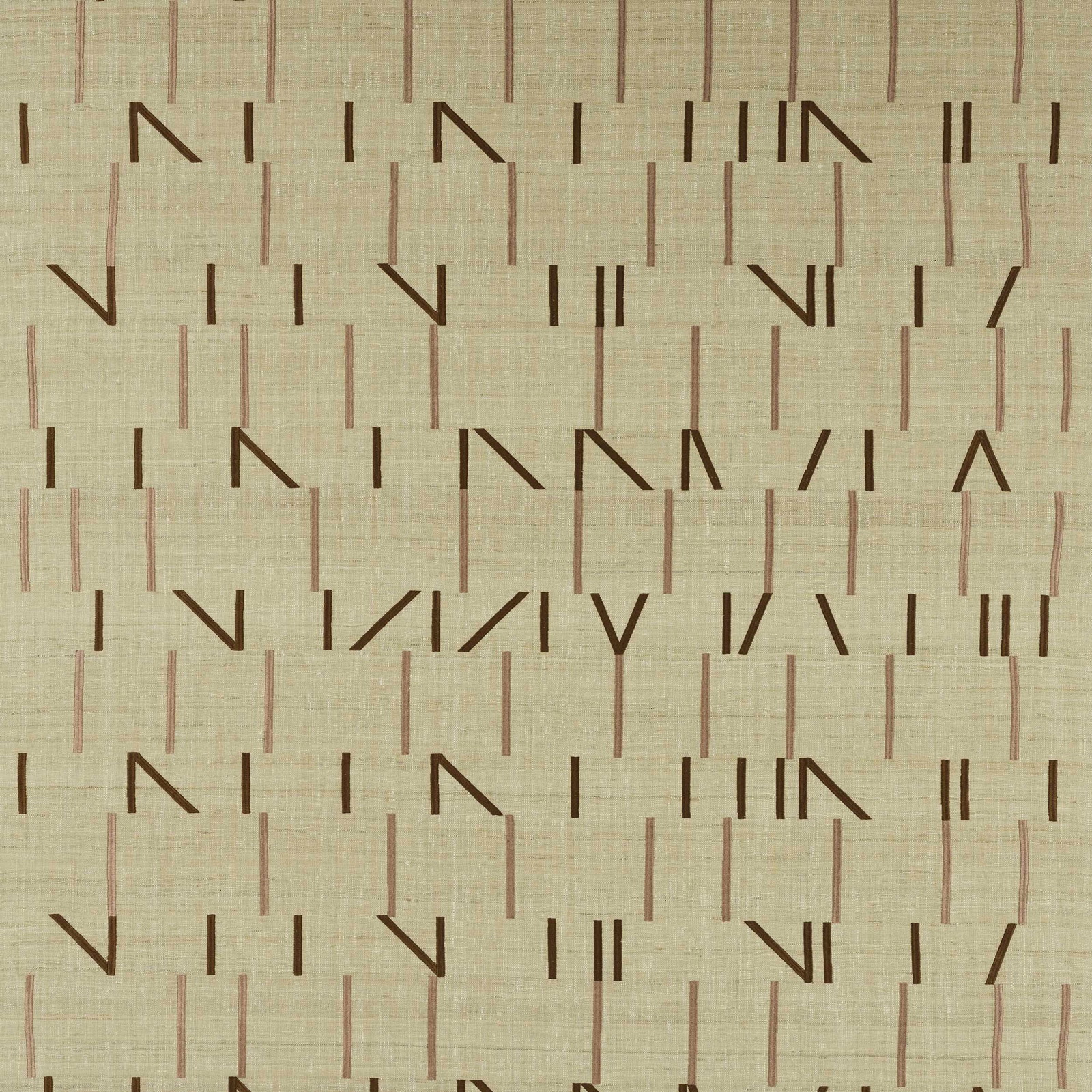 Beige fabric swatch with blush and rust geometric linear motif
