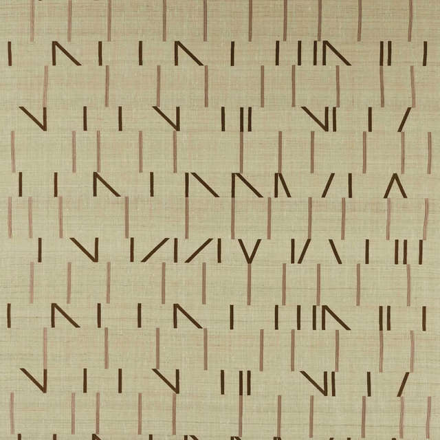 Beige fabric swatch with blush and rust geometric linear motif