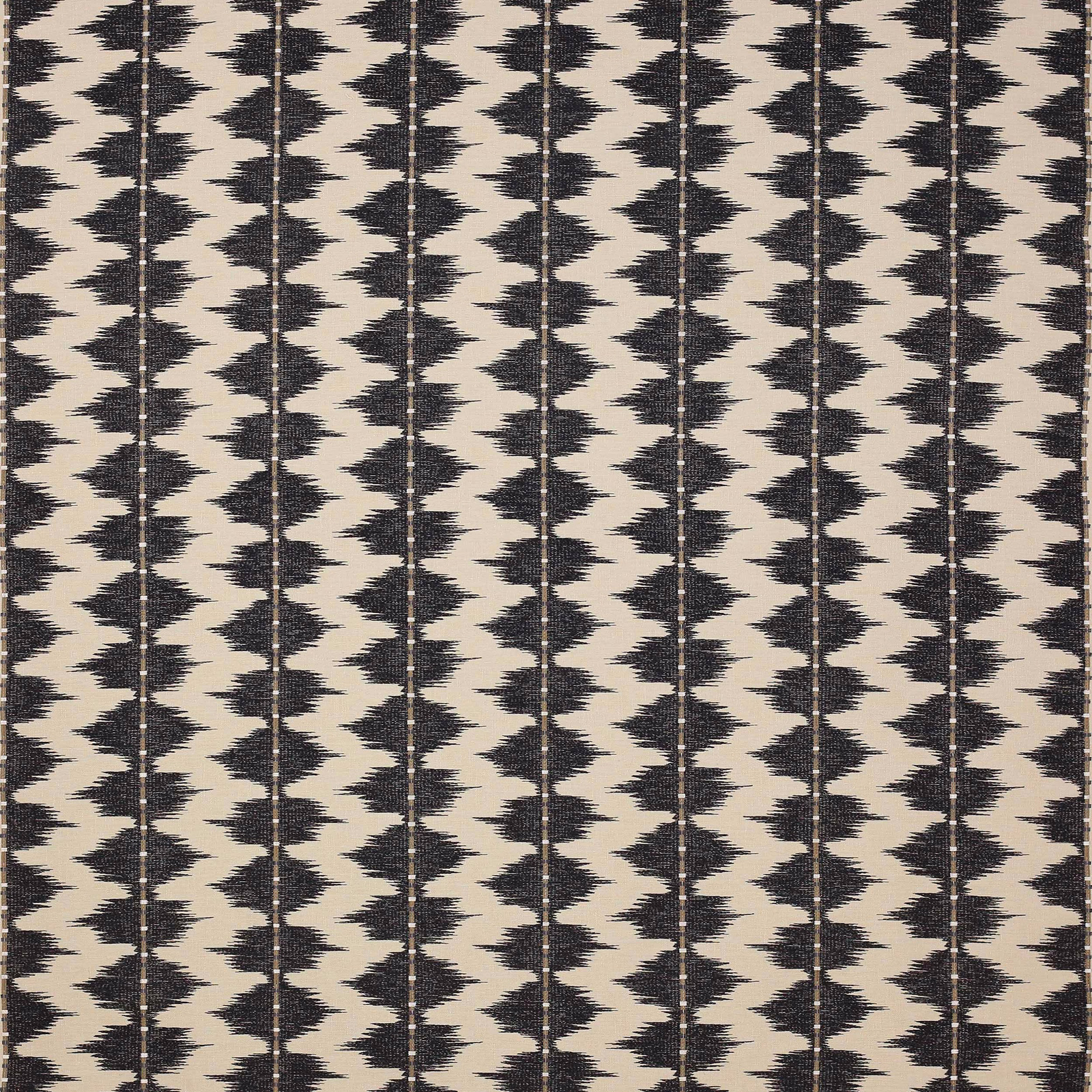 Charcoal zigzag stripe fabric on a pale oatmeal ground, shown in vertical repeats.