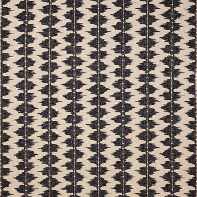 Charcoal zigzag stripe fabric on a pale oatmeal ground, shown in vertical repeats.