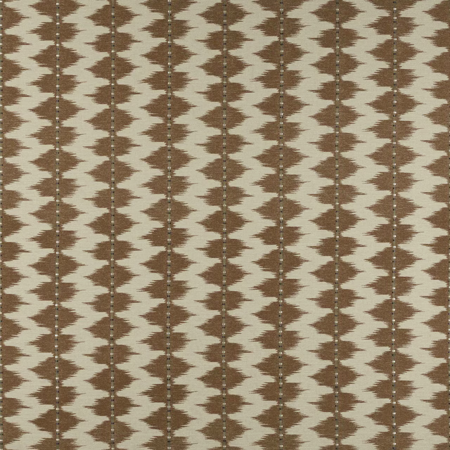 Copper terracotta zigzag weave on a cream ground with vertical stripe repeats