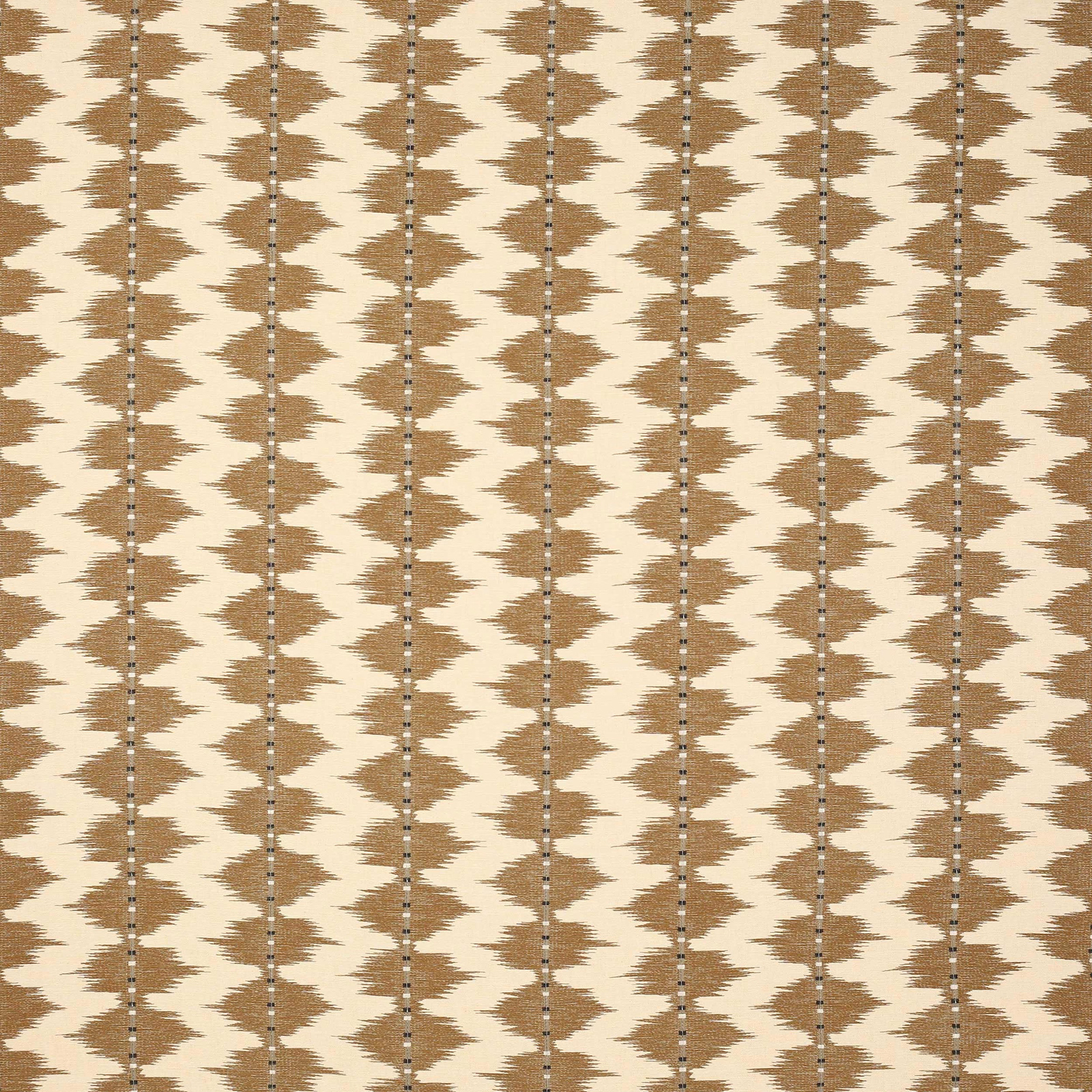 Cream-beige geometric fabric with warm brown zigzag stripes and vertical dotted lines