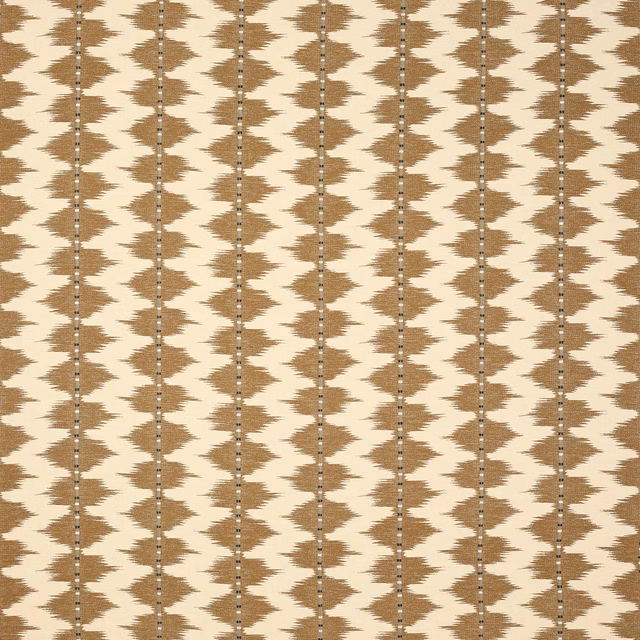 Cream-beige geometric fabric with warm brown zigzag stripes and vertical dotted lines