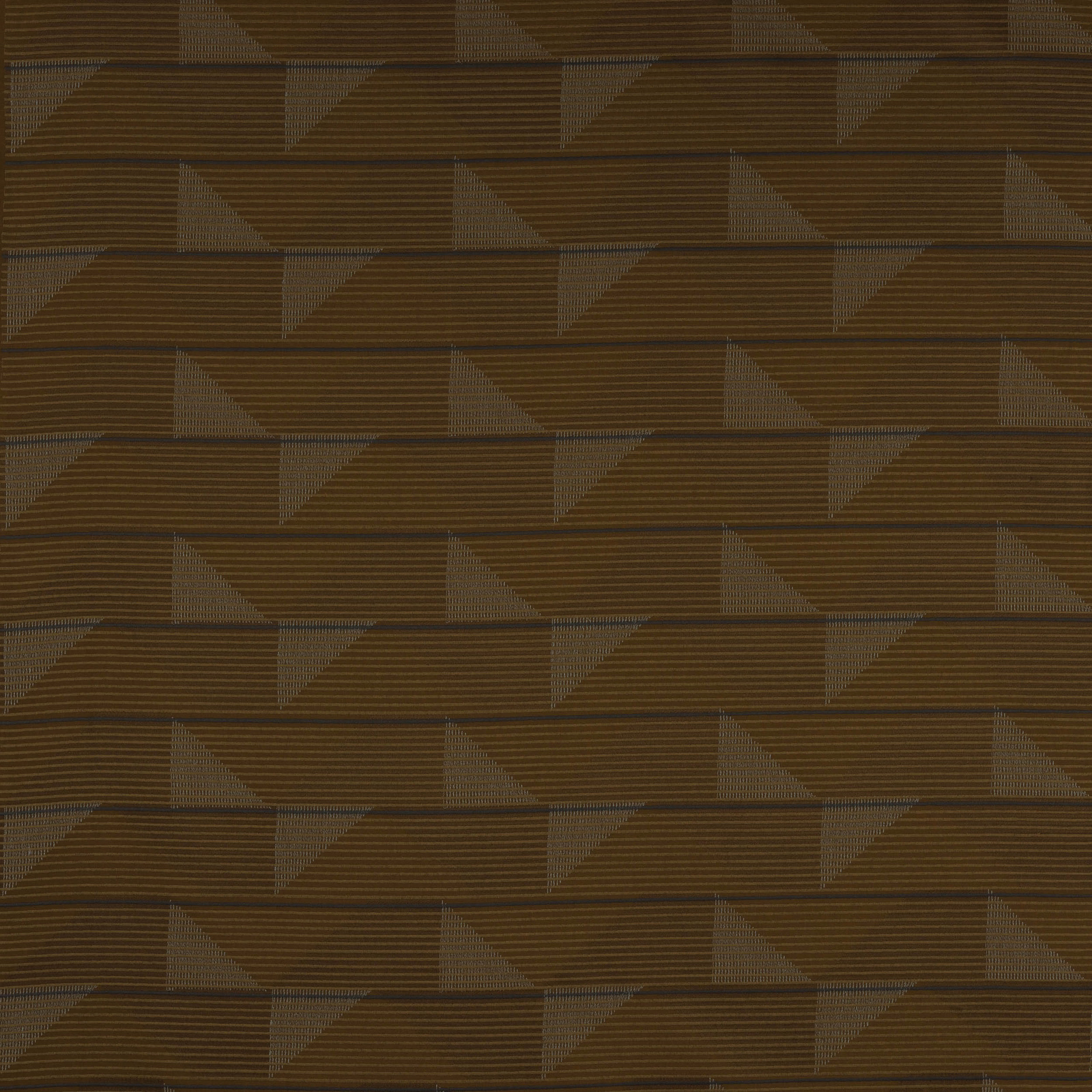 Copper-orange geometric woven fabric with taupe-grey angular stripe motifs