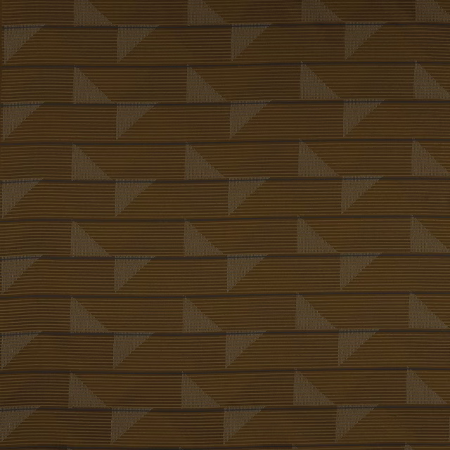 Copper-orange geometric woven fabric with taupe-grey angular stripe motifs