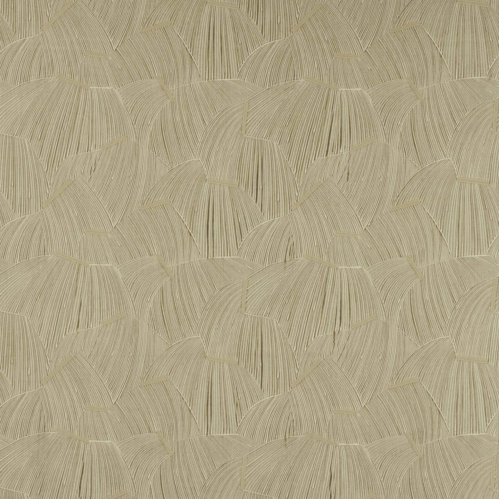 Warm beige textured fabric with layered fan motif and fine linear weave
