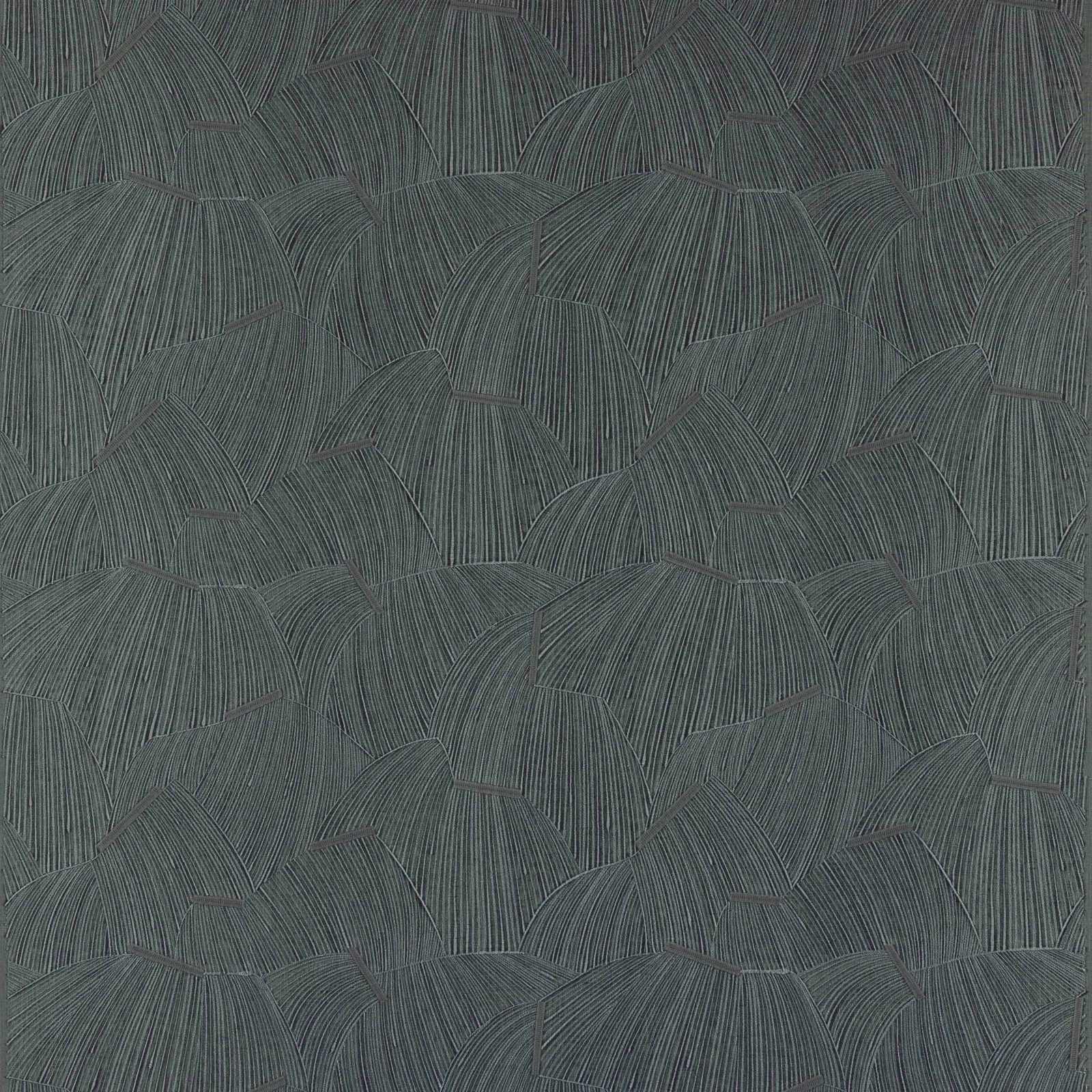 Teal-blue geometric woven fabric with overlapping fan motif and fine ribbed texture