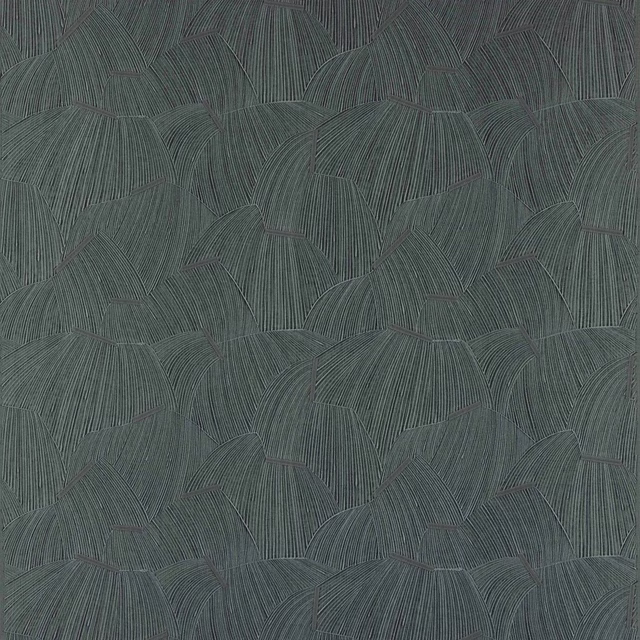 Teal-blue geometric woven fabric with overlapping fan motif and fine ribbed texture