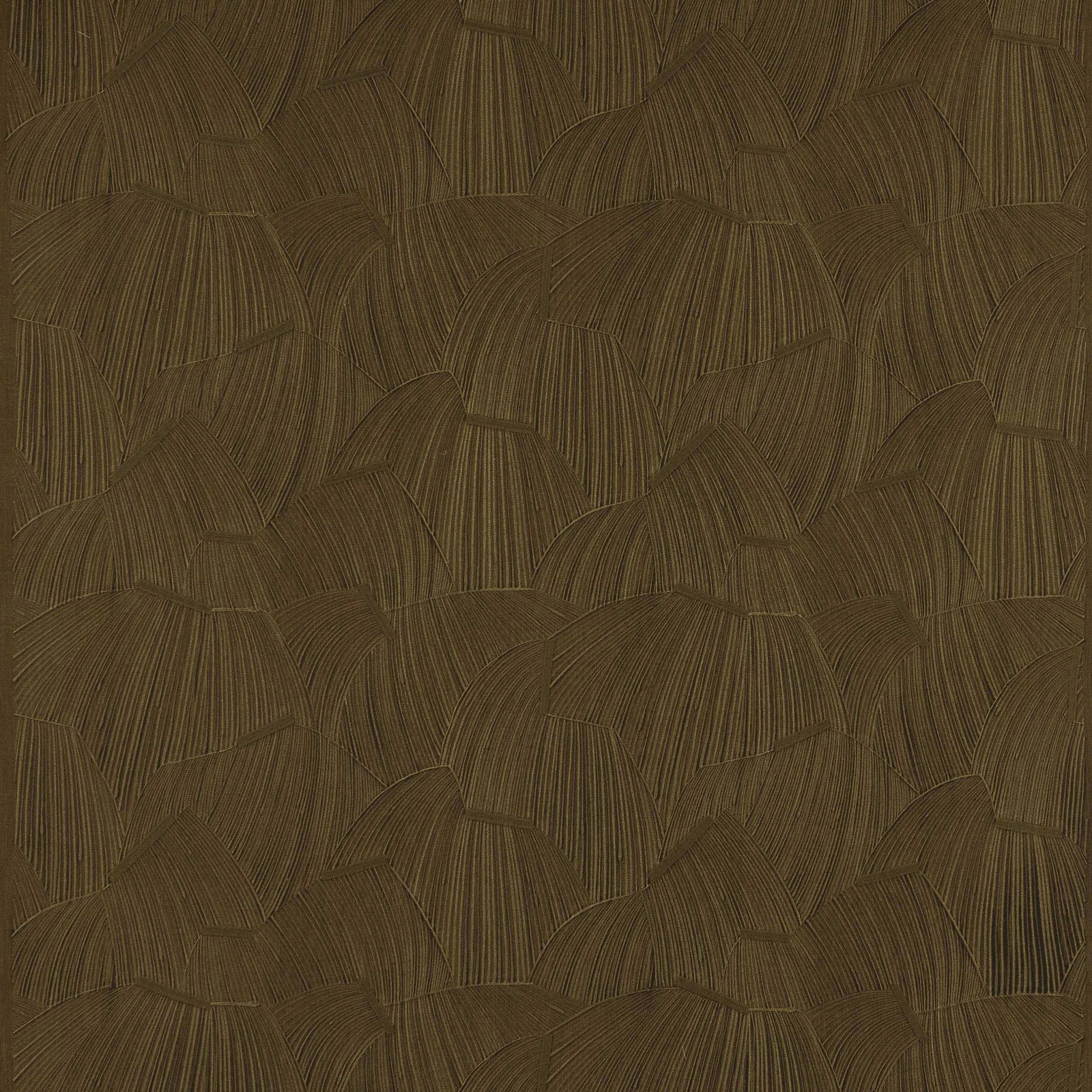 Warm brown geometric woven fabric with fan-like overlapping motifs and fine linear texture