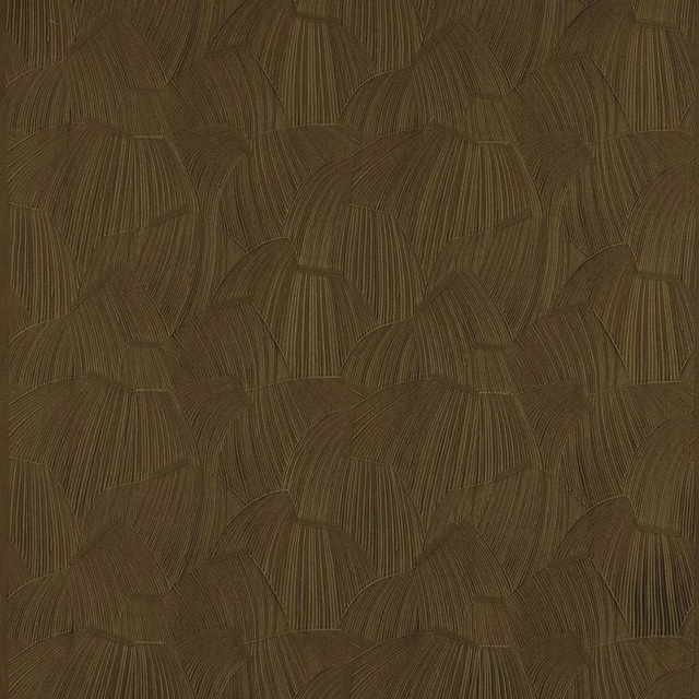 Warm brown geometric woven fabric with fan-like overlapping motifs and fine linear texture
