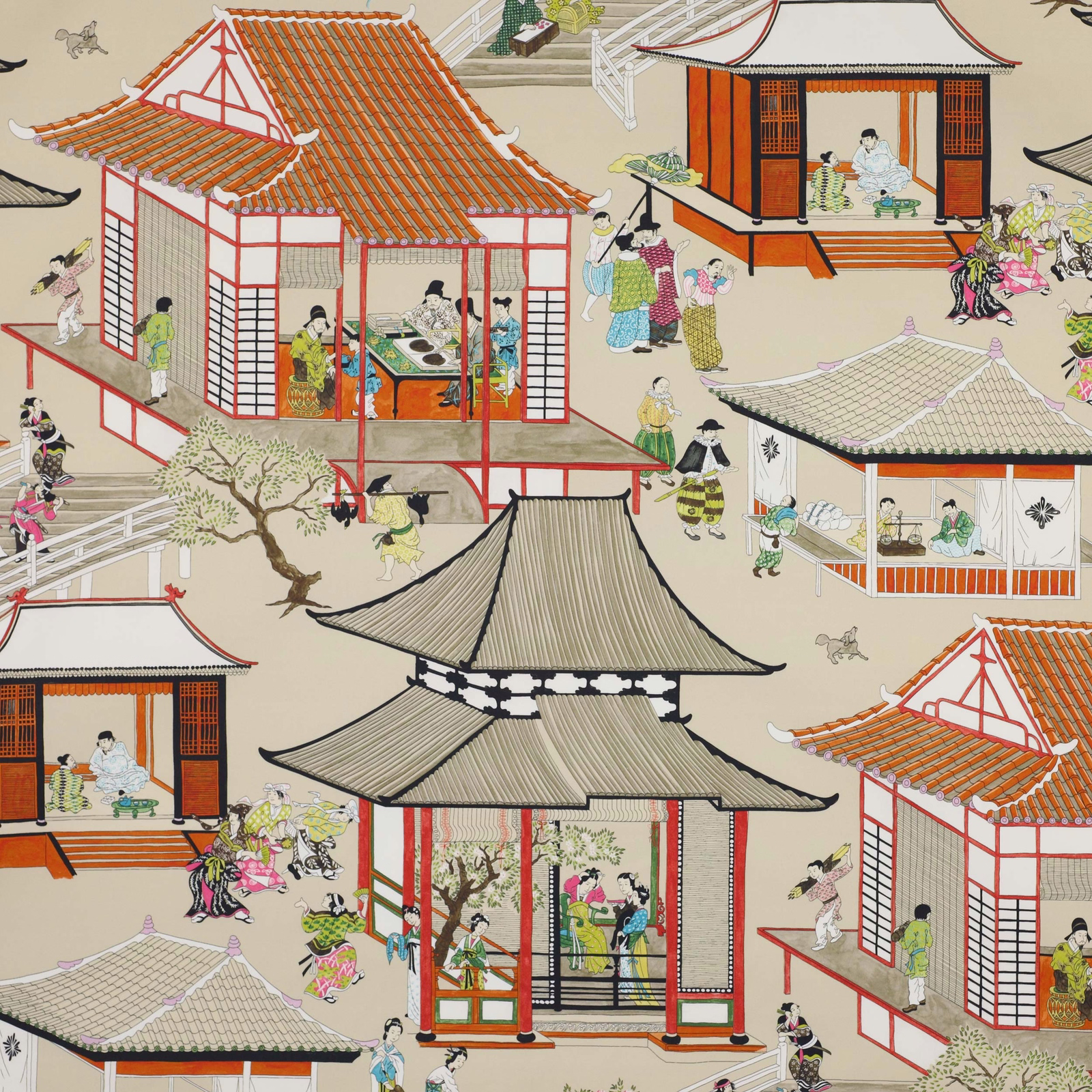 Scenic printed cotton with red pavilions, black roofs and cream ground