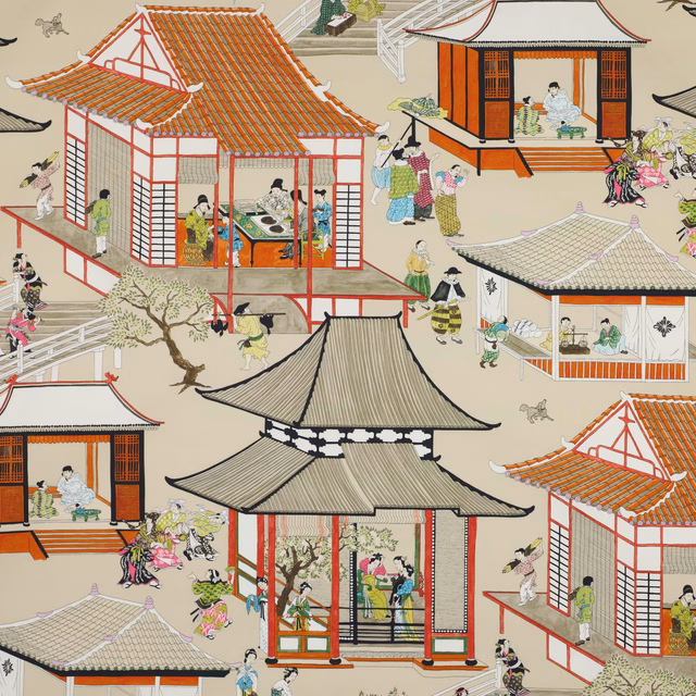 Scenic printed cotton with red pavilions, black roofs and cream ground