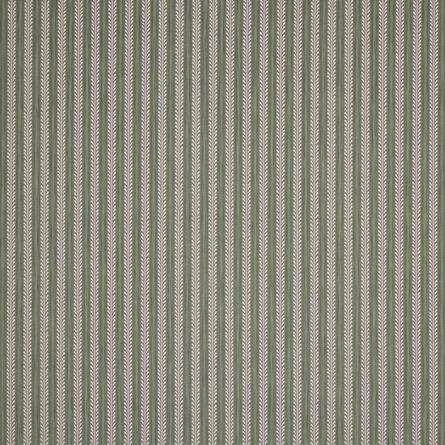 Muted olive vertical stripe fabric with pale woven accents and fine texture