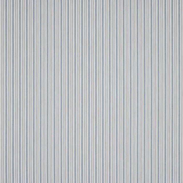 Pale blue and ivory vertical striped fabric swatch with fine woven texture