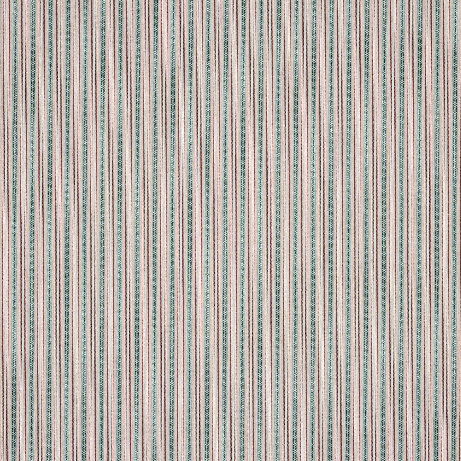 Vertical fine stripes in cream, red and forest green on a textured woven fabric